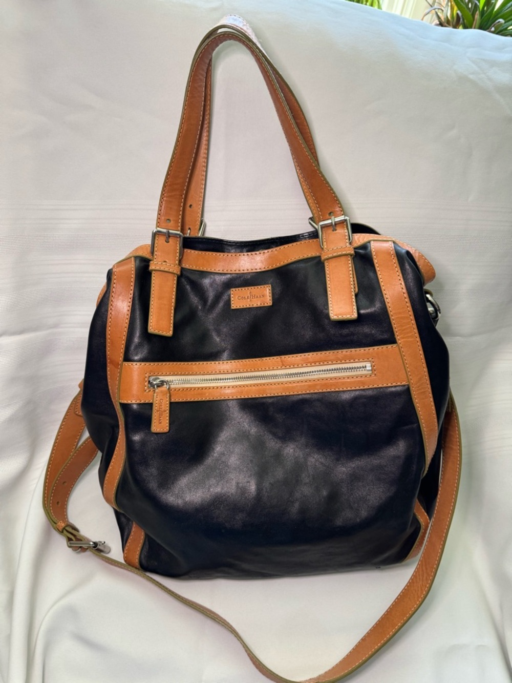 Cole Haan Black and Tan Leather Tote with Zip Pocket
